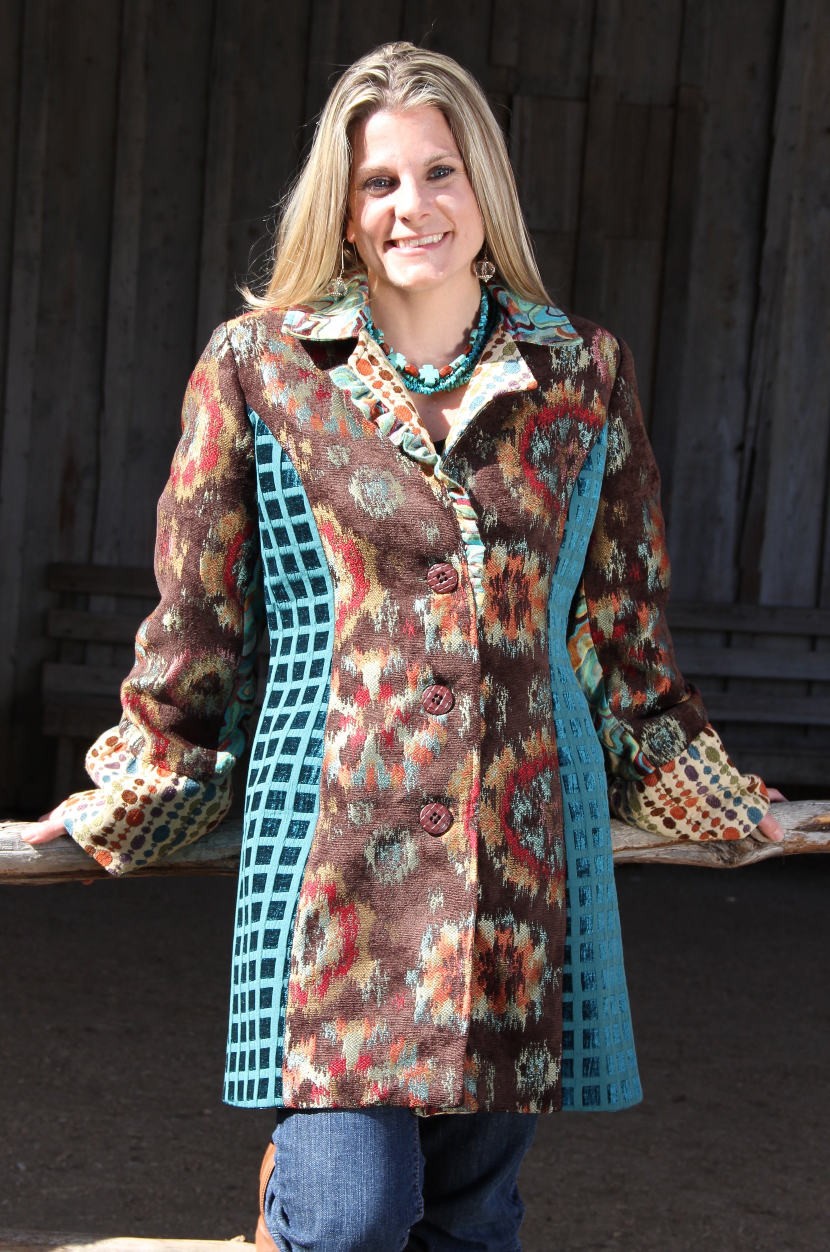 Teal and Rust Long Jacket - Model showing the front